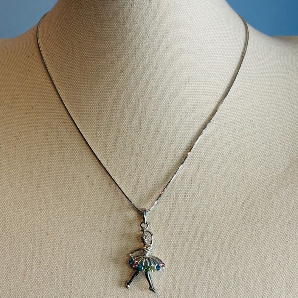 Silver Ballerina Pendant Necklace Rhinestone Tutu Multi-Color Snake Chain 18"
